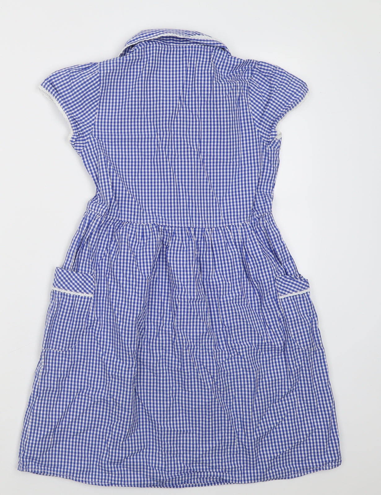 Marks and Spencer Girls Blue Check Cotton A-Line  Size 7-8 Years  Collared Button - School Wear