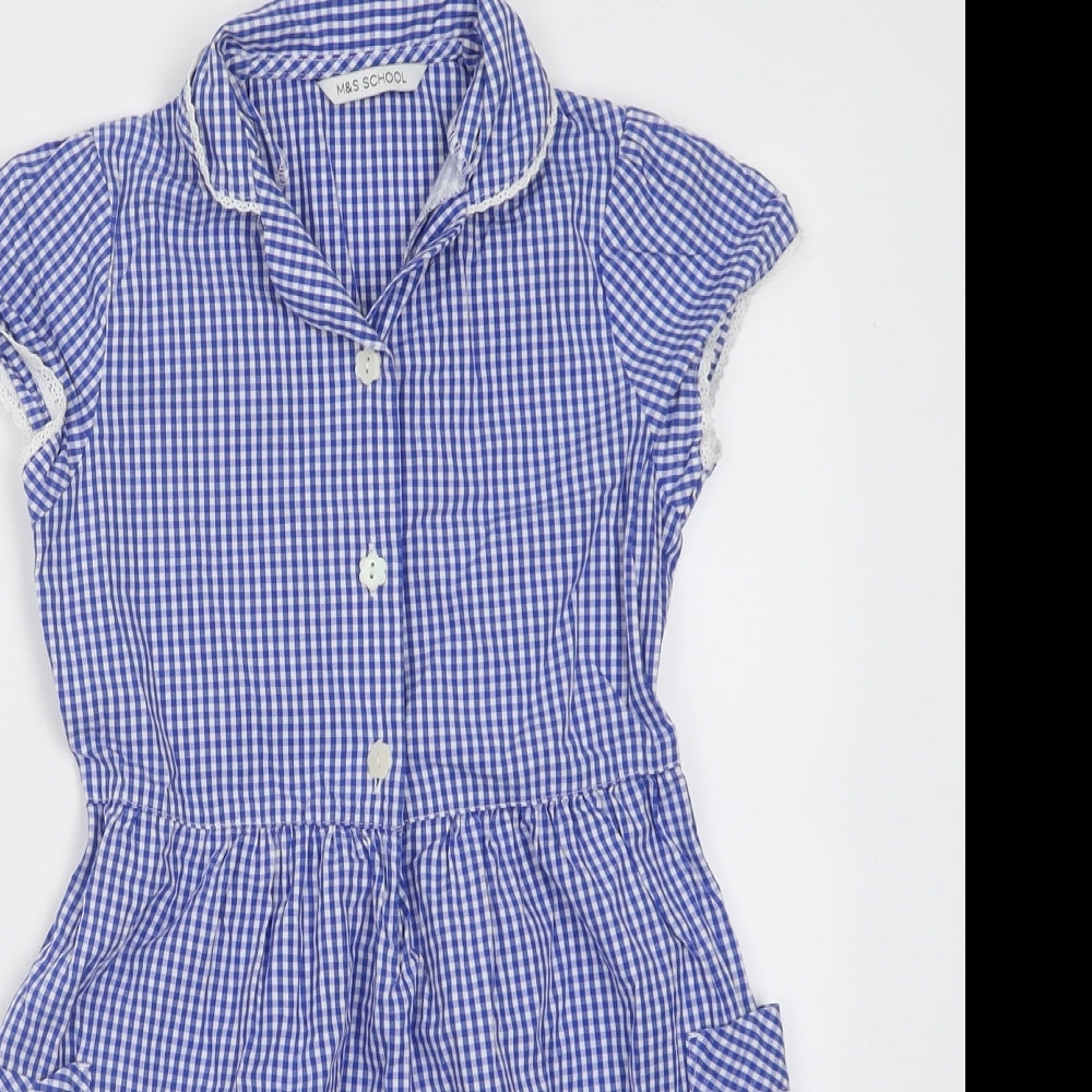 Marks and Spencer Girls Blue Check Cotton A-Line  Size 7-8 Years  Collared Button - School Wear