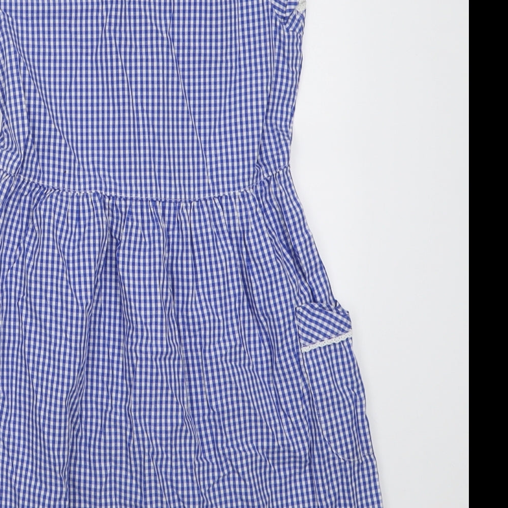 Marks and Spencer Girls Blue Check Cotton A-Line  Size 7-8 Years  Collared Button - School Wear