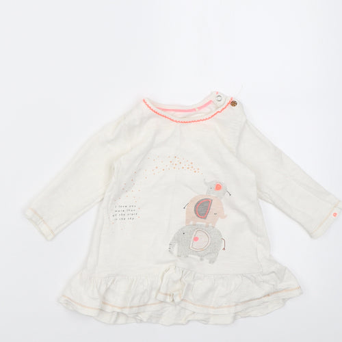 Mothercare Girls White  Cotton Tunic Casual Size 6-9 Months Crew Neck Button - elephant