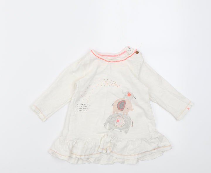Mothercare Girls White  Cotton Tunic Casual Size 6-9 Months Crew Neck Button - elephant