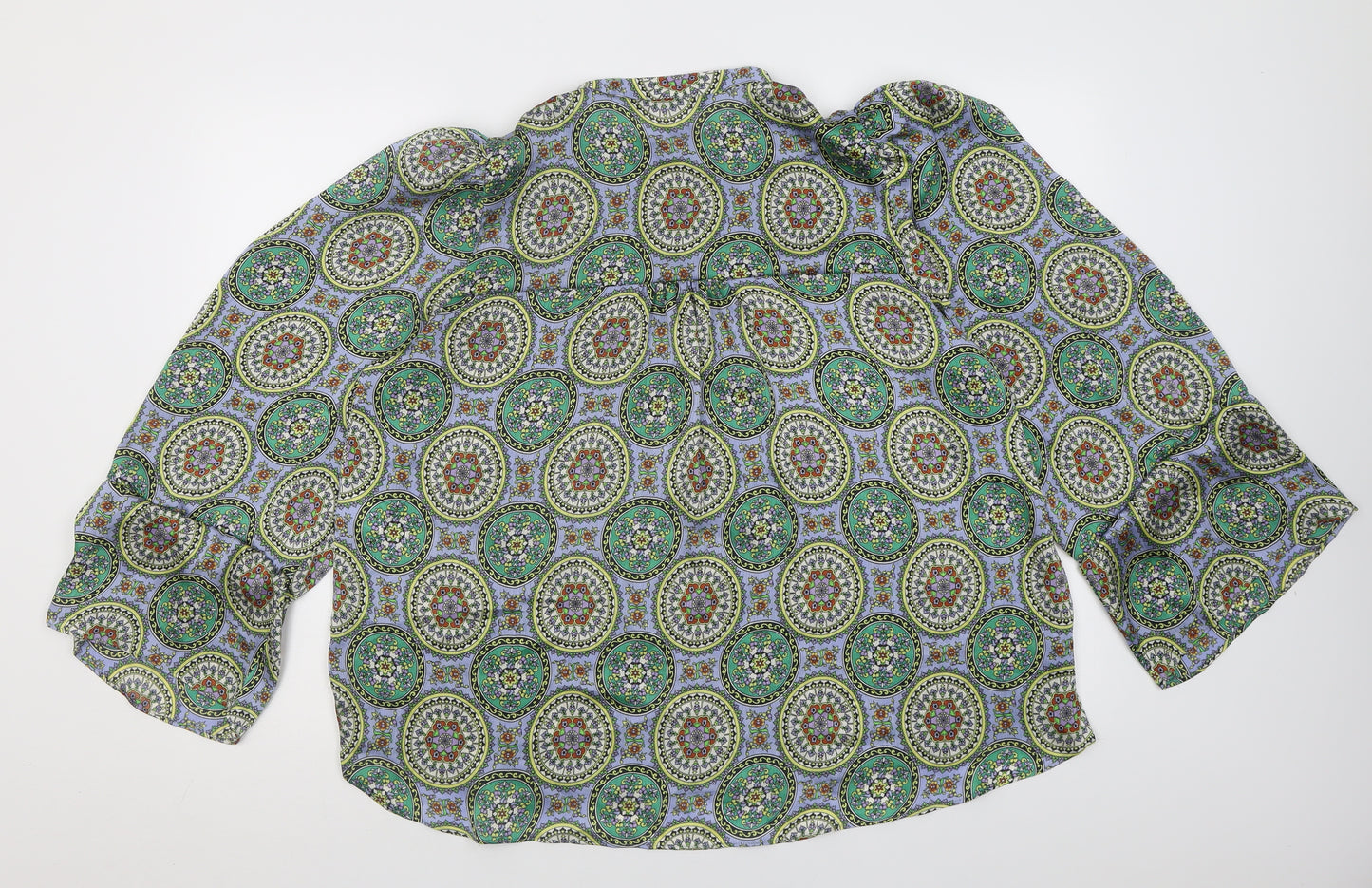 Zara Womens Green Geometric Polyester Basic Blouse Size L Crew Neck