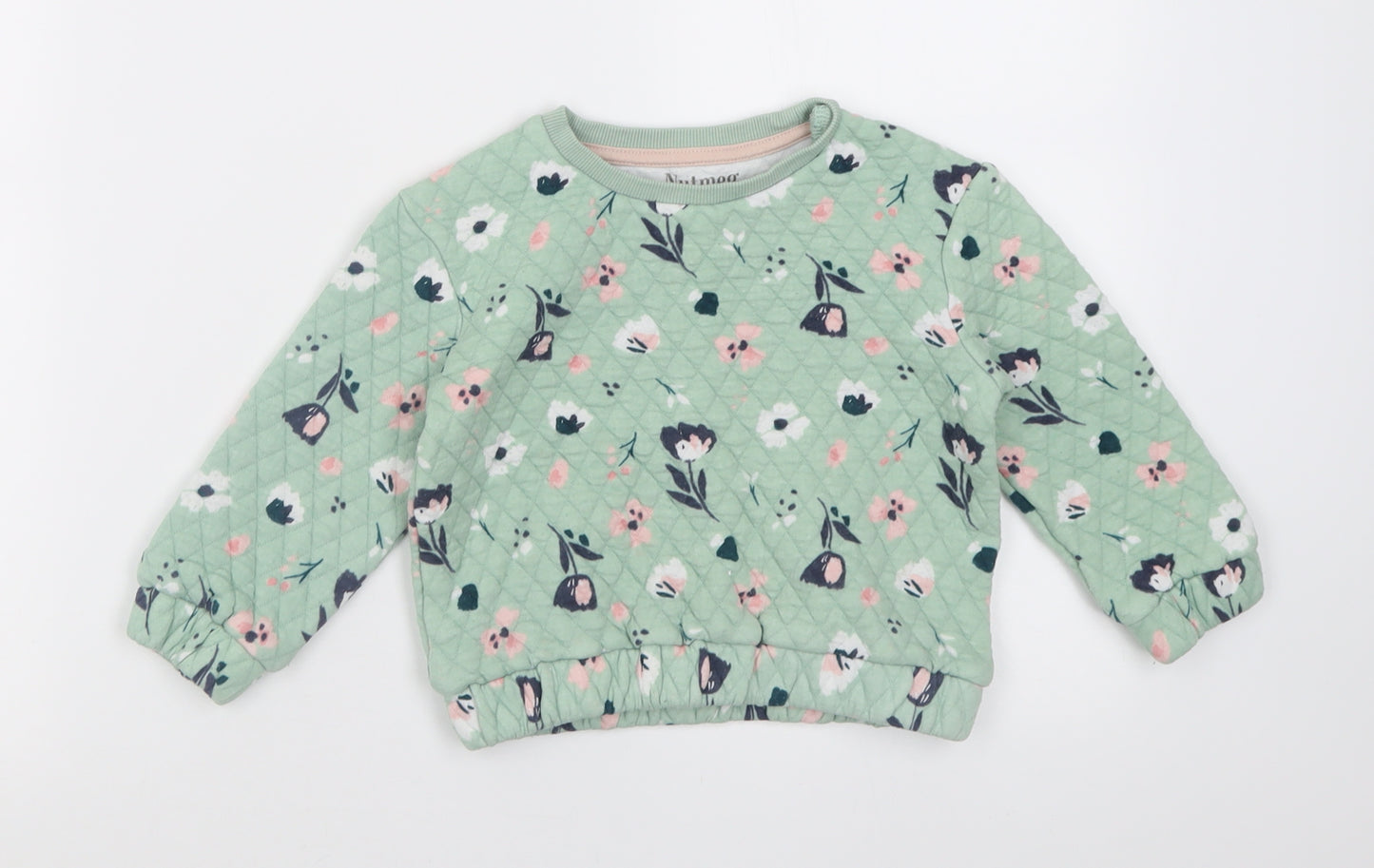 Nutmeg Girls Green Crew Neck Floral Cotton Pullover Jumper Size 3-4 Years  Pullover