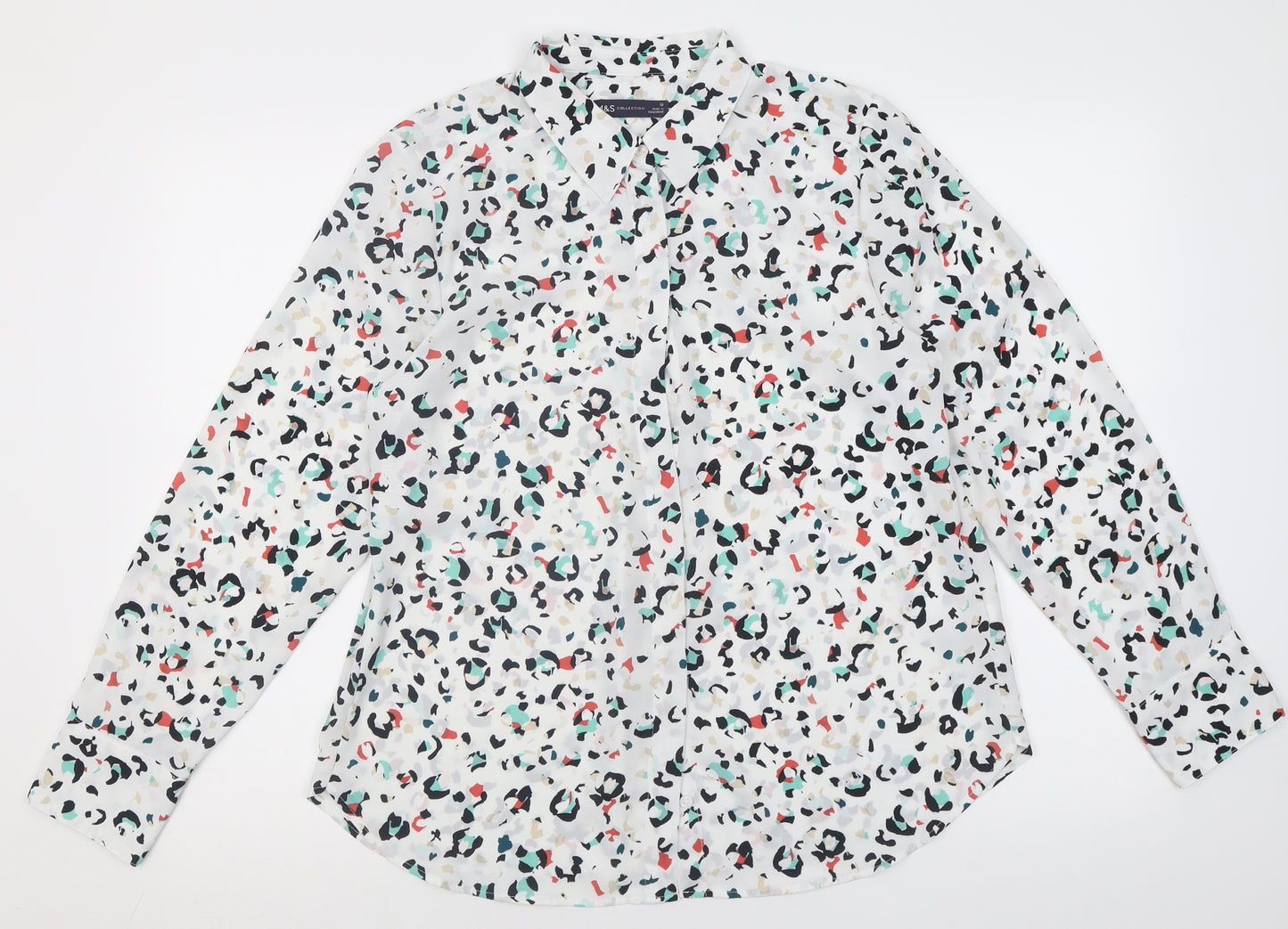 Marks and Spencer Womens Green Animal Print Polyester Basic Button-Up Size 12 Collared