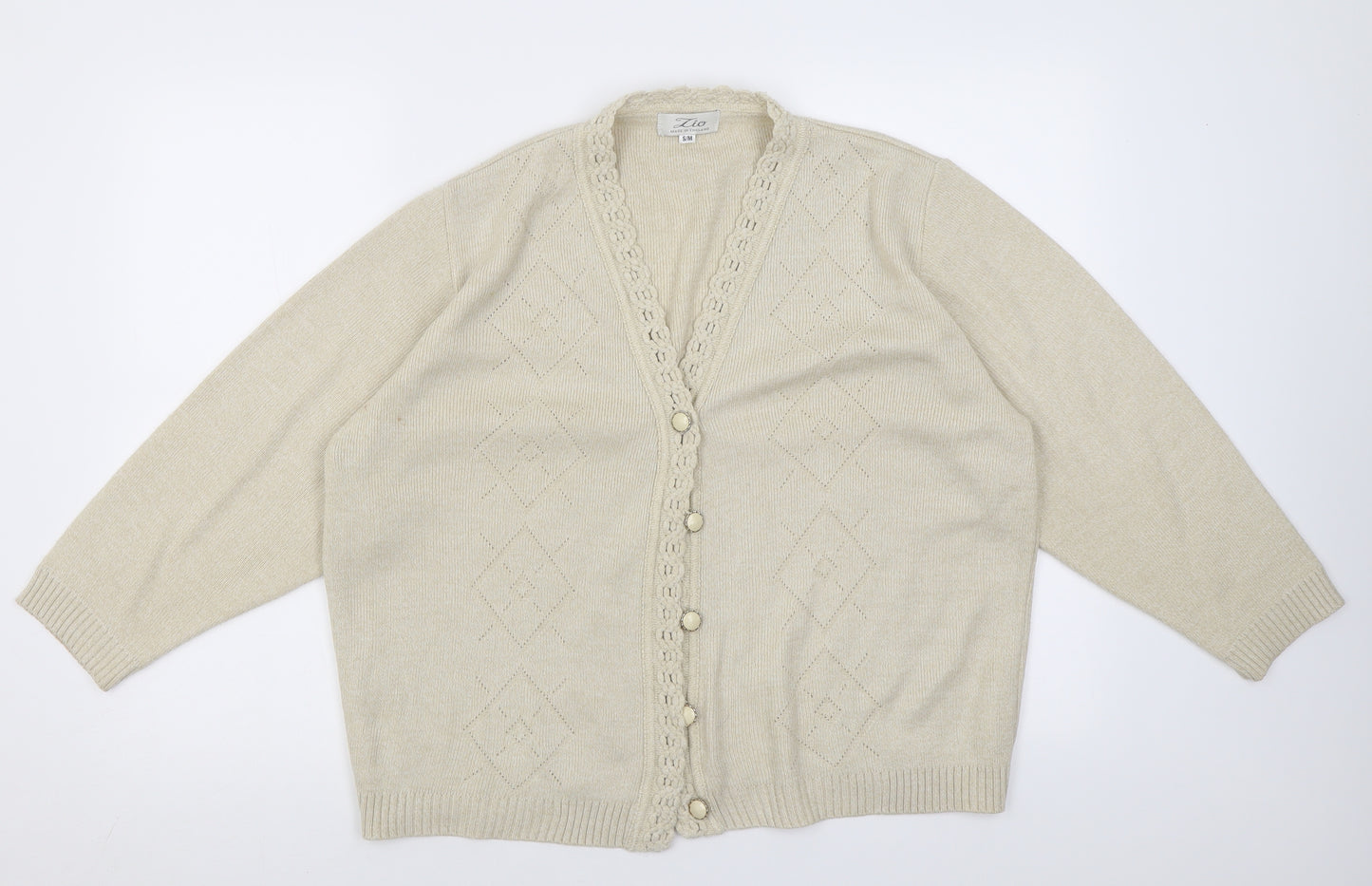 Lio Womens Beige V-Neck  Acrylic Cardigan Jumper Size M