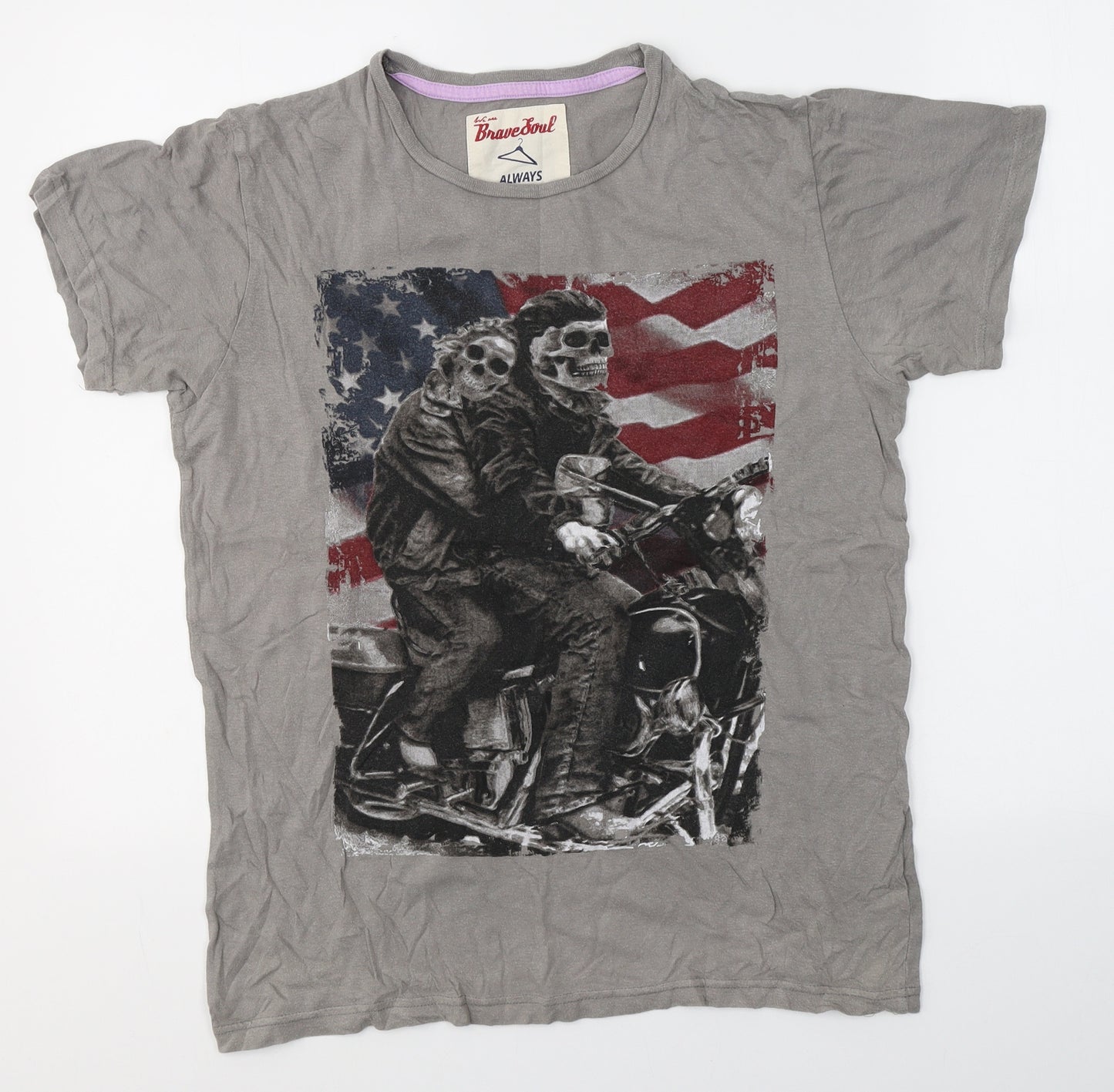 Brave Soul Mens Grey  Cotton  T-Shirt Size S Round Neck  - USA Flag/ skulls