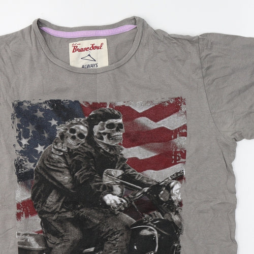Brave Soul Mens Grey  Cotton  T-Shirt Size S Round Neck  - USA Flag/ skulls