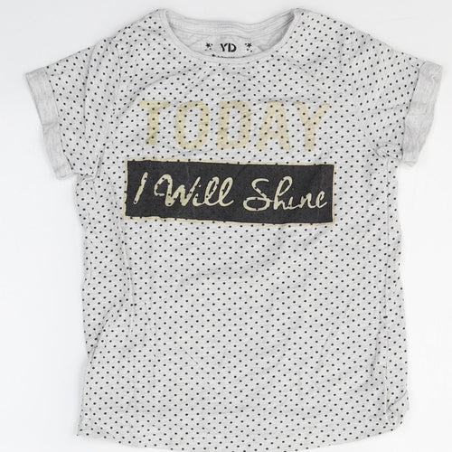 YD Girls Grey Spotted Cotton Basic T-Shirt Size 8-9 Years Round Neck  - Today I will shine