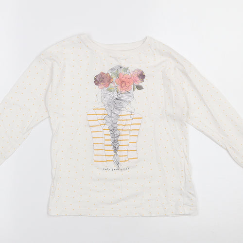 Dunnes Stores Girls White Polka Dot 100% Cotton Basic T-Shirt Size 7 Years Round Neck Pullover