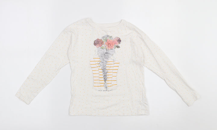 Dunnes Stores Girls White Polka Dot 100% Cotton Basic T-Shirt Size 7 Years Round Neck Pullover