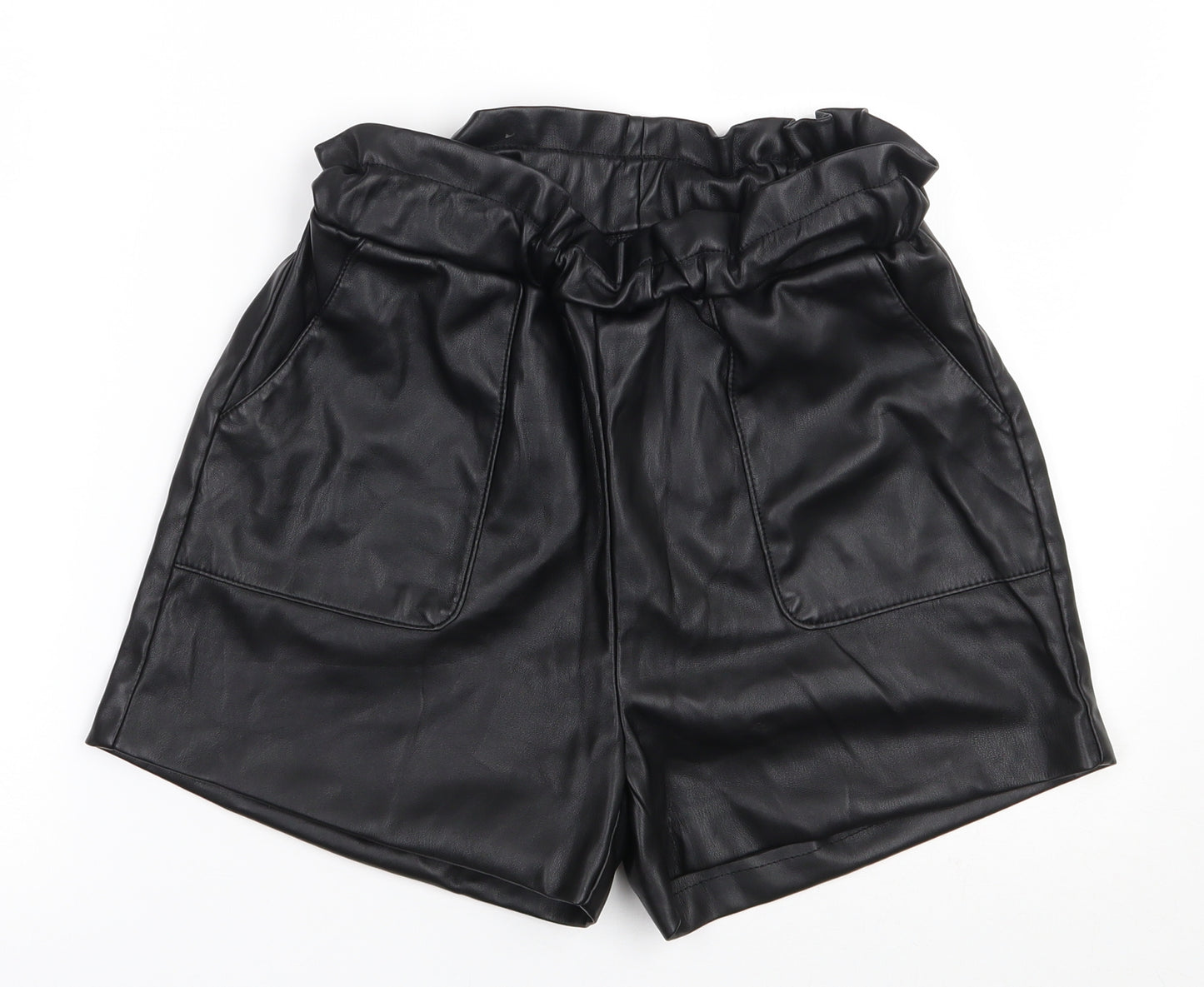 Primark Womens Black  100% Polyester Paperbag Shorts Size 8  Regular Pull On - Leather look