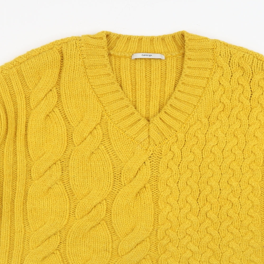 George Womens Yellow V-Neck  Acrylic Pullover Jumper Size L