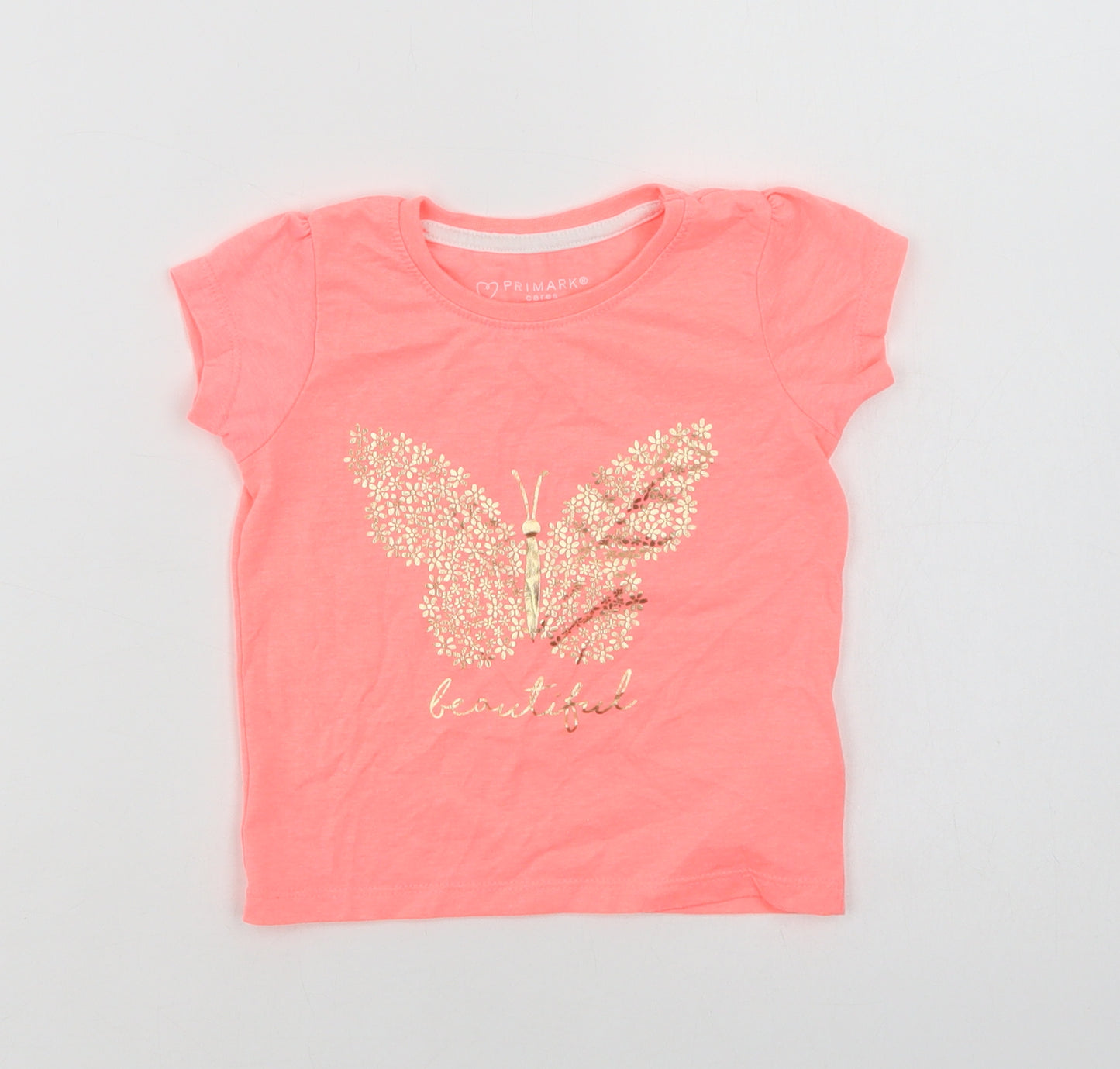 Primark Baby Pink  Polyester Basic T-Shirt Size 12-18 Months Crew Neck  - Butterfly