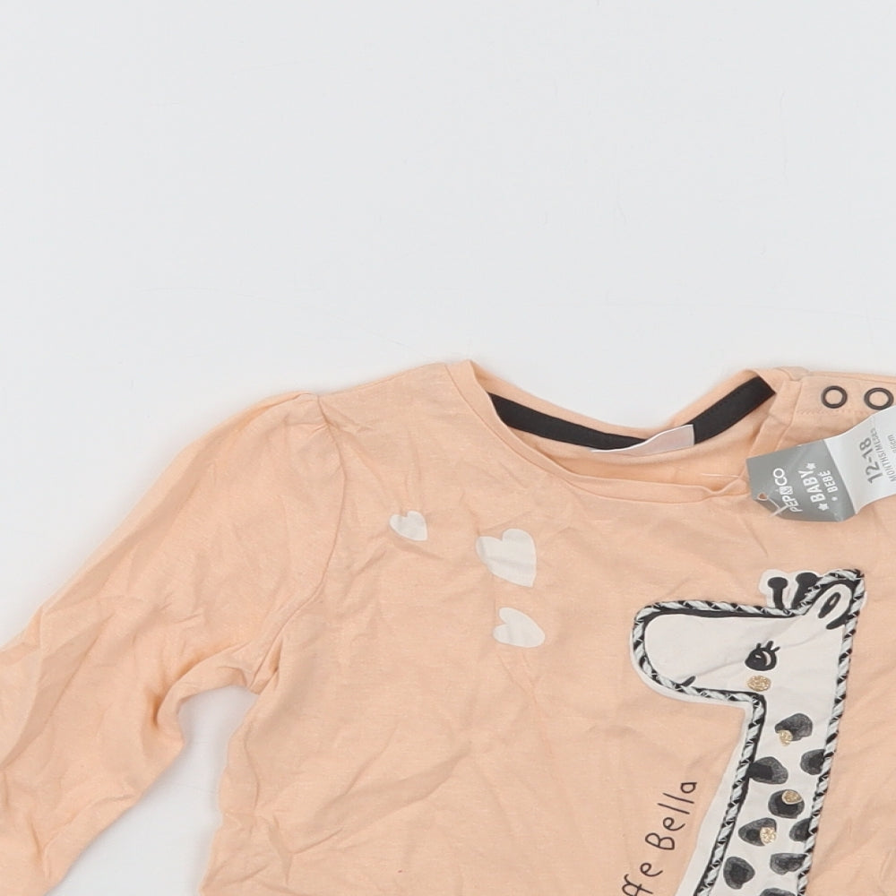 Pep & Co Baby Pink  Cotton Basic T-Shirt Size 12-18 Months Crew Neck Snap - Giraffe