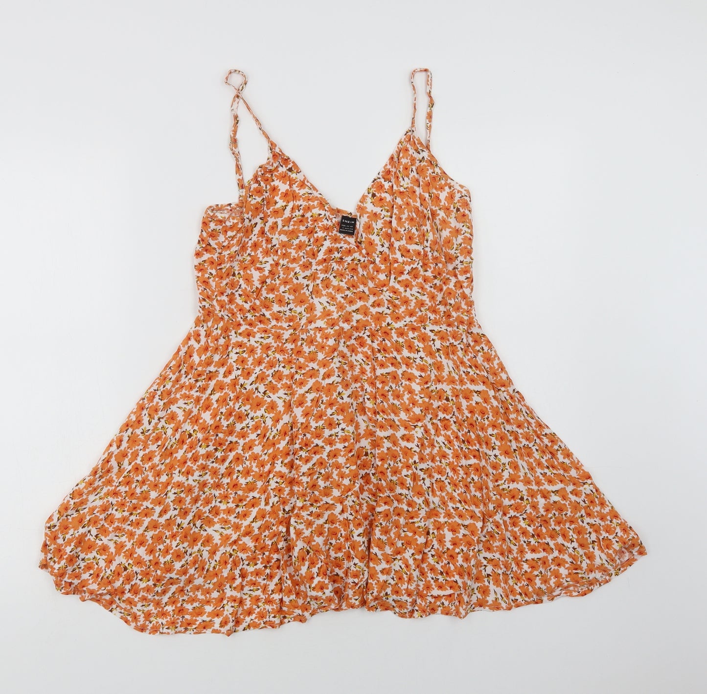 SheIn Womens Orange Floral Viscose Mini  Size L  V-Neck Zip