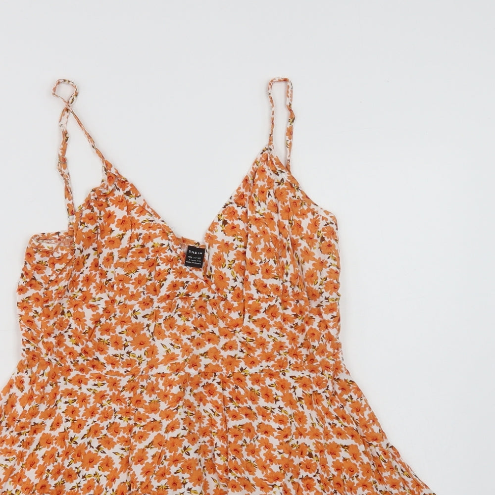 SheIn Womens Orange Floral Viscose Mini  Size L  V-Neck Zip