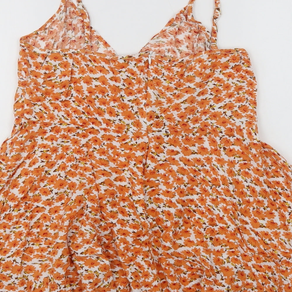 SheIn Womens Orange Floral Viscose Mini  Size L  V-Neck Zip