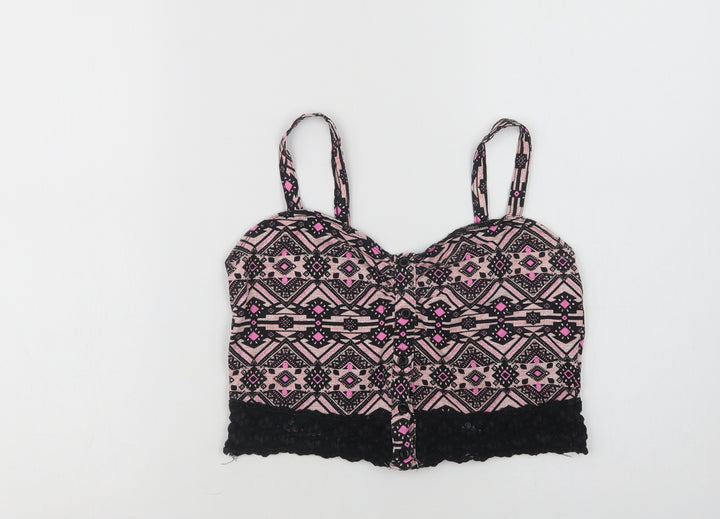 New Look Womens Pink Geometric Cotton Cropped Tank Size 12 V-Neck - Lace Detail