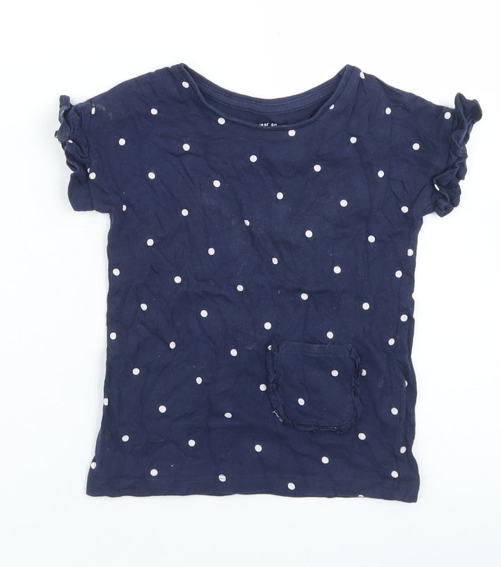 F&F Girls Blue Polka Dot Cotton Basic T-Shirt Size 2-3 Years Crew Neck