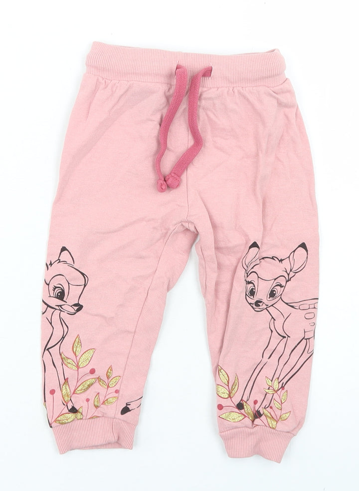 Disney Baby Girls Pink Cotton Jogger Trousers Size 18 Months Drawstring - Bambi