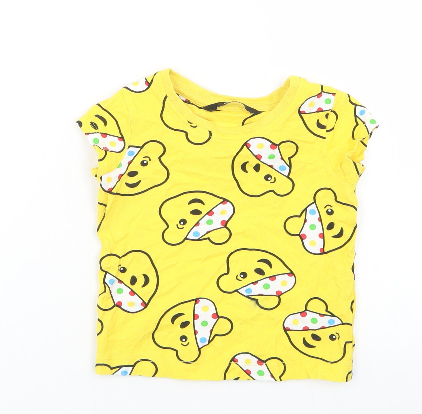 George Girls Yellow Geometric Cotton Basic T-Shirt Size 12-18 Months Crew Neck  - Pudsey Bear