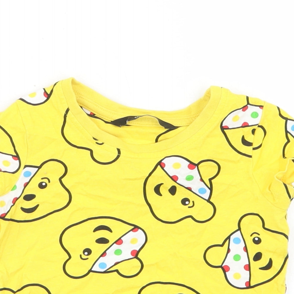 George Girls Yellow Geometric Cotton Basic T-Shirt Size 12-18 Months Crew Neck  - Pudsey Bear