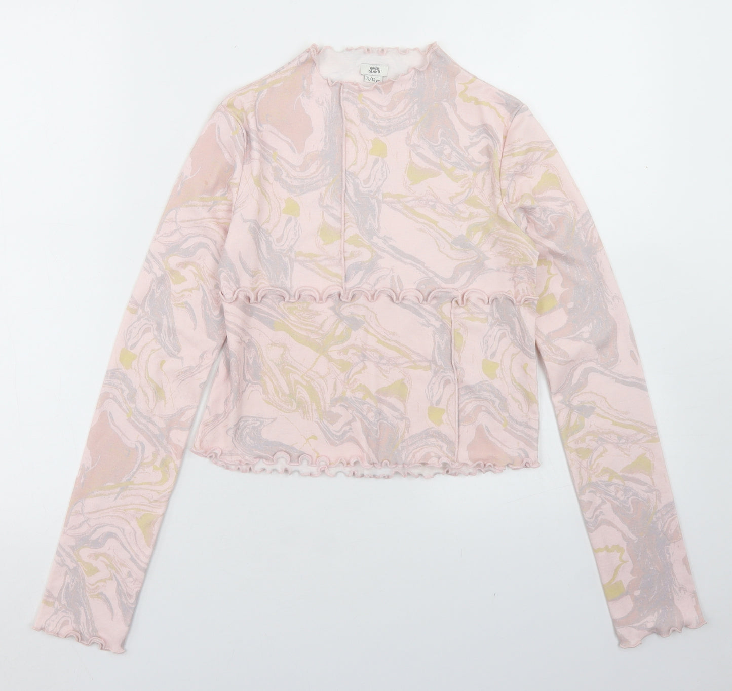 River Island Girls Pink  Cotton Cropped T-Shirt Size 11-12 Years Mock Neck  - Tie Dye, Lettuce Edging