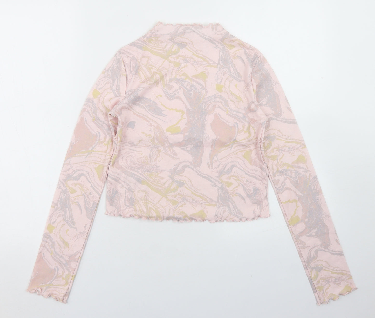 River Island Girls Pink  Cotton Cropped T-Shirt Size 11-12 Years Mock Neck  - Tie Dye, Lettuce Edging