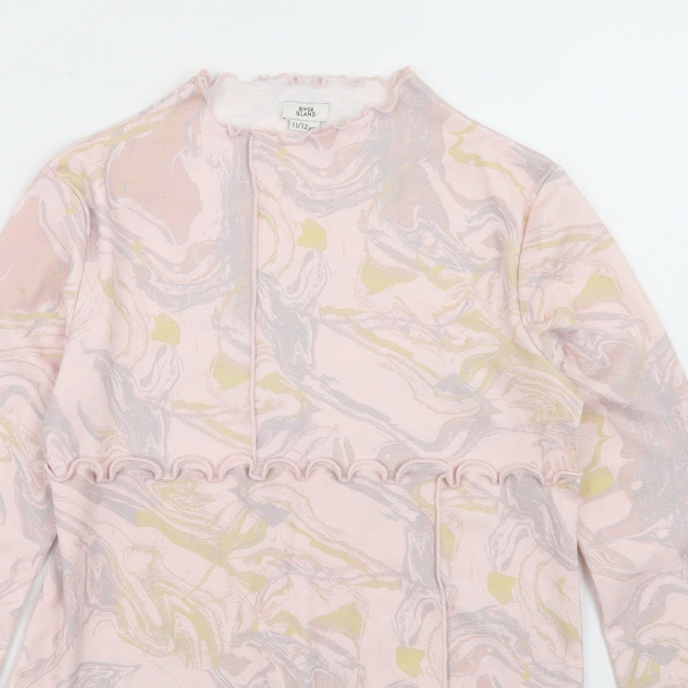River Island Girls Pink  Cotton Cropped T-Shirt Size 11-12 Years Mock Neck  - Tie Dye, Lettuce Edging