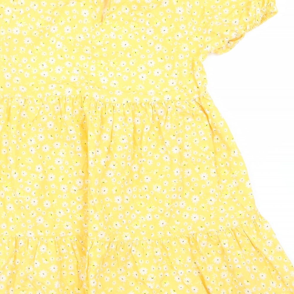 F&F Girls Yellow Floral Cotton Fit & Flare  Size 9-10 Years  Collared Button - Smock Dress