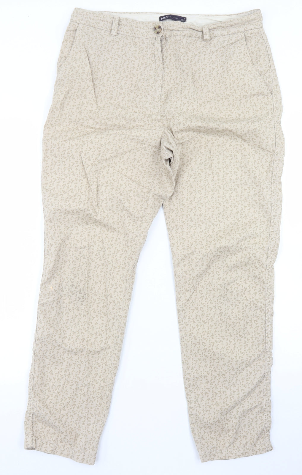 Marks and Spencer Womens Beige Floral Cotton Chino Trousers Size 12 L27 in Regular Button