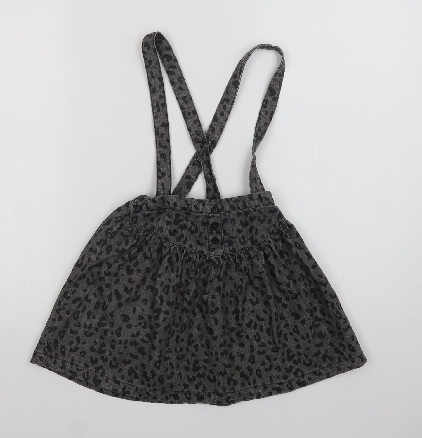 NEXT Girls Grey Animal Print Cotton Pinafore/Dungaree Dress  Size 6-7 Years  Square Neck