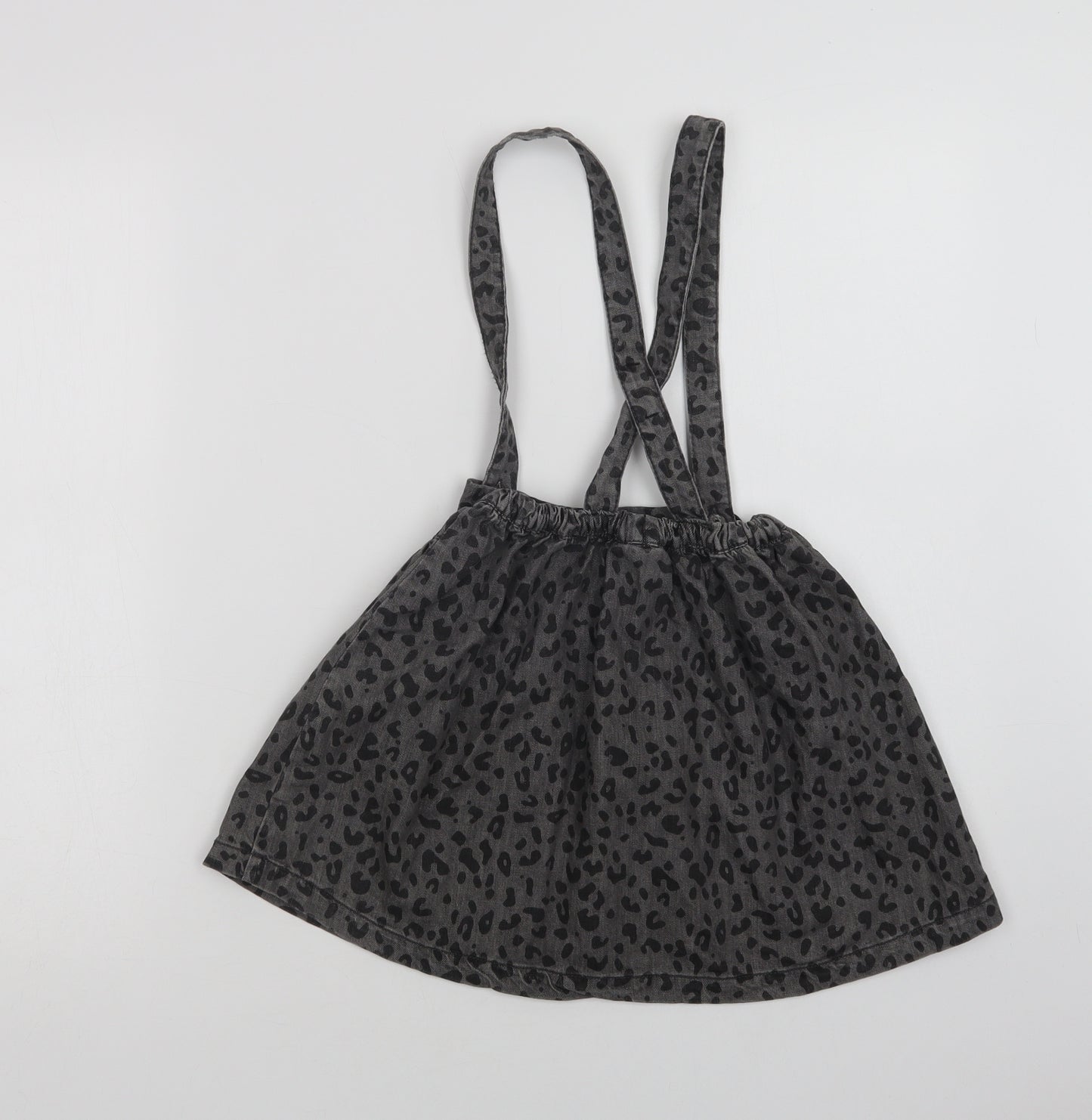 NEXT Girls Grey Animal Print Cotton Pinafore/Dungaree Dress  Size 6-7 Years  Square Neck