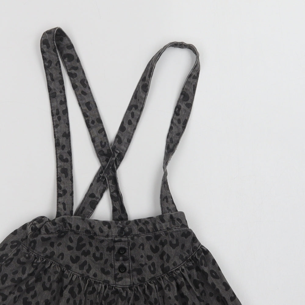NEXT Girls Grey Animal Print Cotton Pinafore/Dungaree Dress  Size 6-7 Years  Square Neck