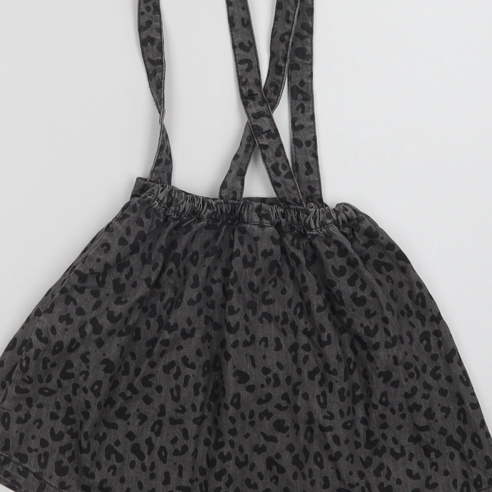 NEXT Girls Grey Animal Print Cotton Pinafore/Dungaree Dress  Size 6-7 Years  Square Neck