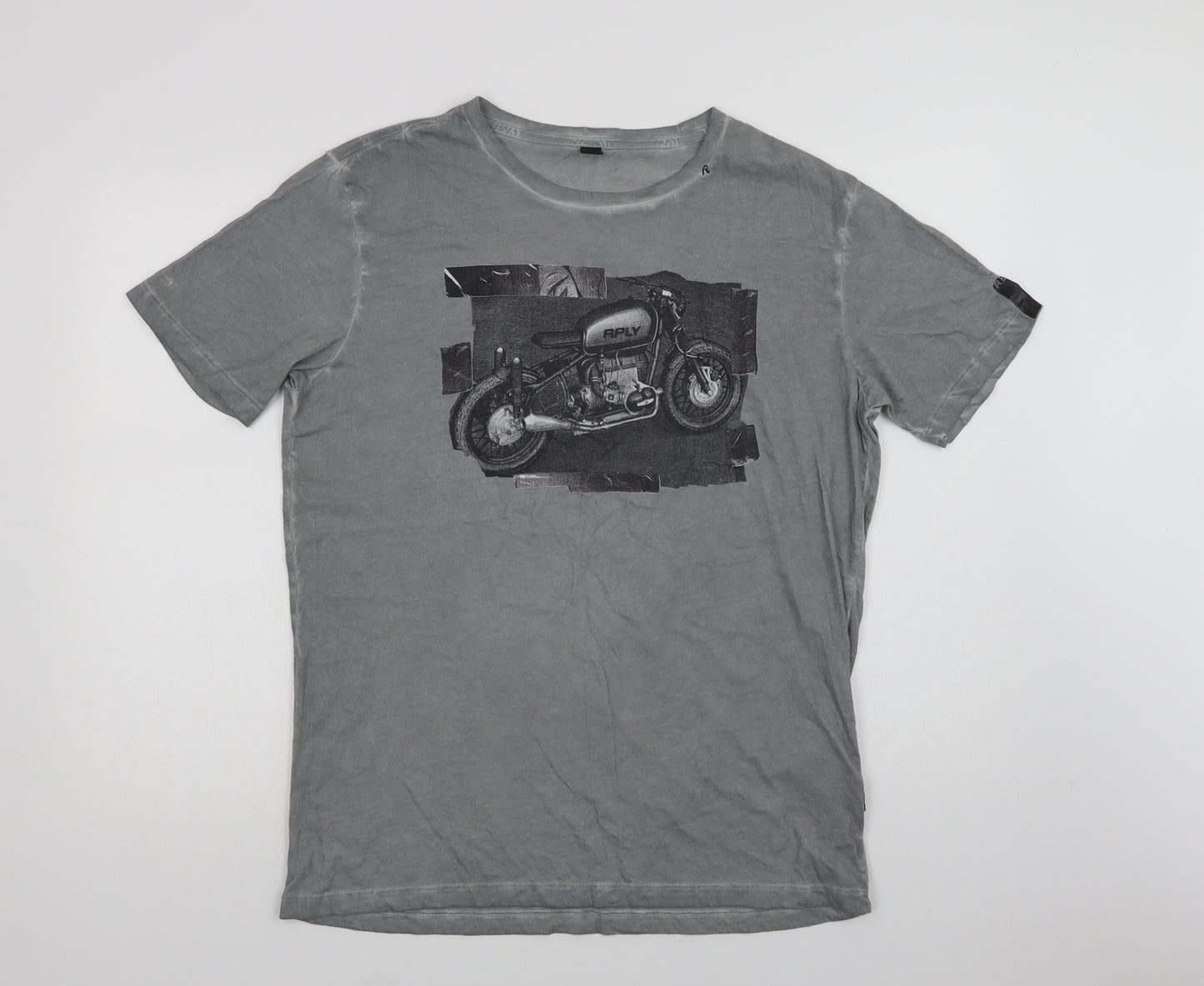 Replay Mens Grey  Cotton  T-Shirt Size L Crew Neck  - Motorcycle