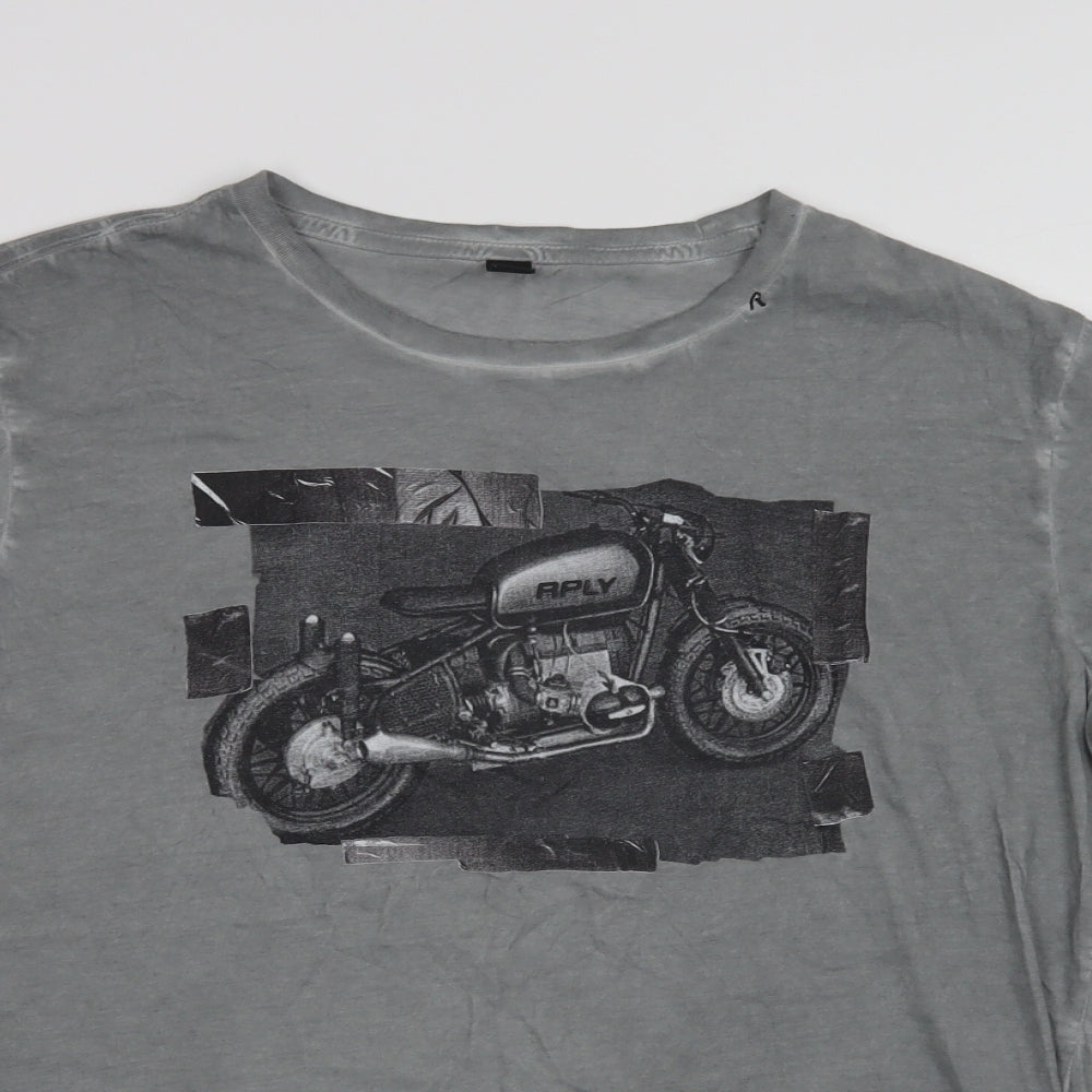 Replay Mens Grey  Cotton  T-Shirt Size L Crew Neck  - Motorcycle