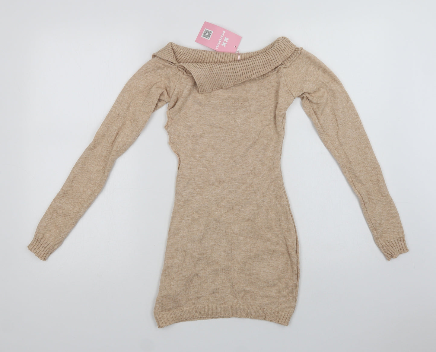 Missy Empire Womens Beige Collared  Viscose Tunic Jumper Size 6   - Cut Out