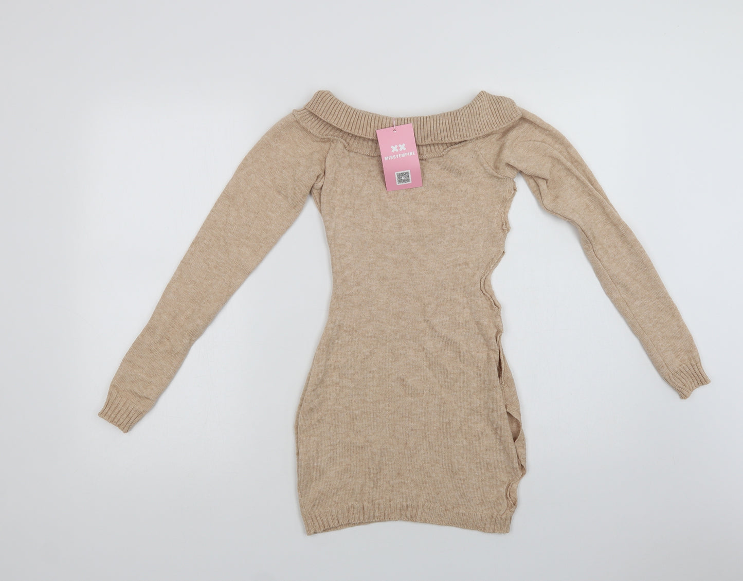 Missy Empire Womens Beige Collared  Viscose Tunic Jumper Size 6   - Cut Out
