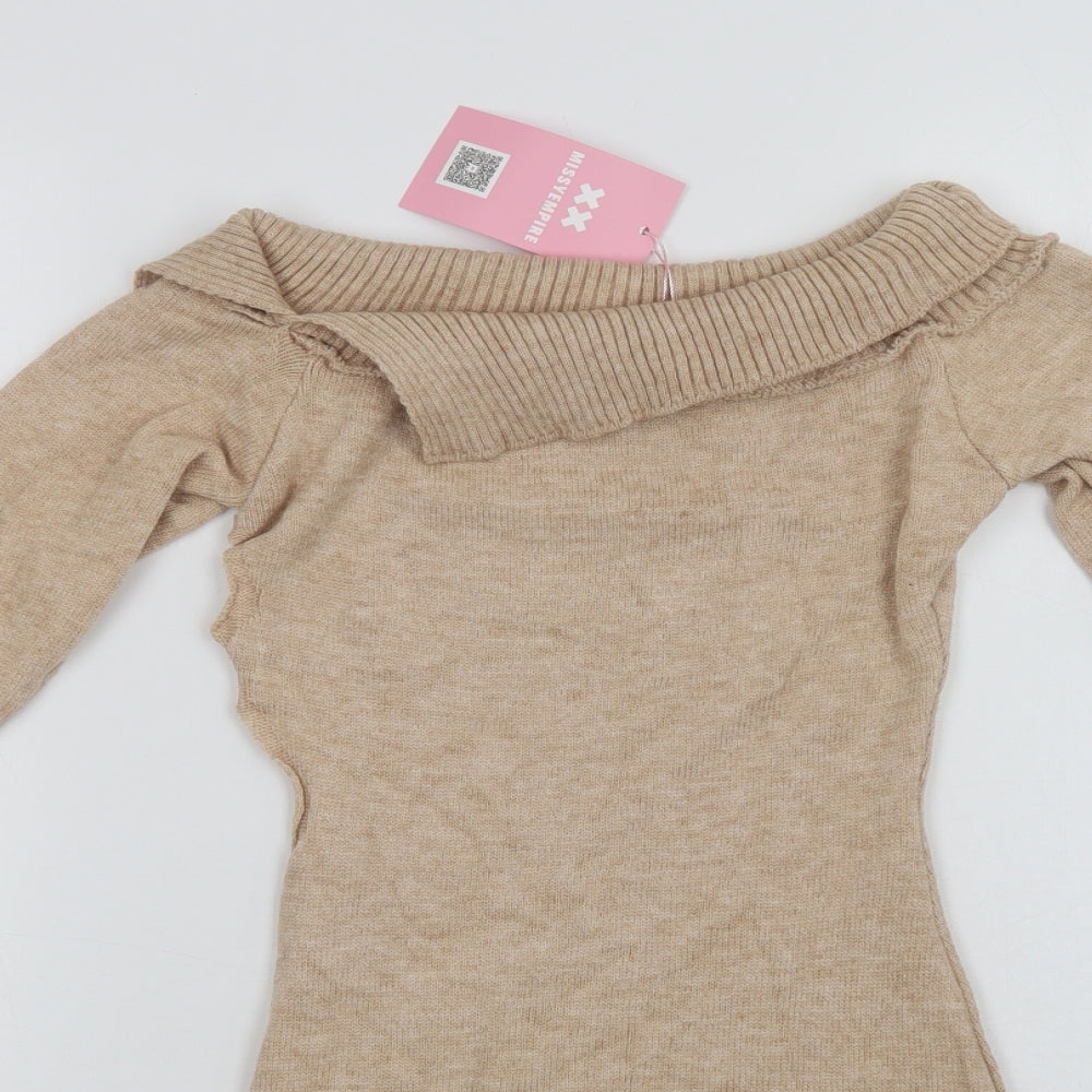 Missy Empire Womens Beige Collared  Viscose Tunic Jumper Size 6   - Cut Out