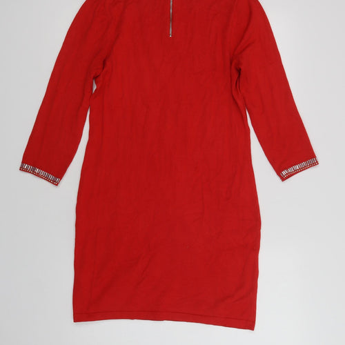 Very Womens Red  Viscose Jumper Dress  Size 10  Crew Neck Zip