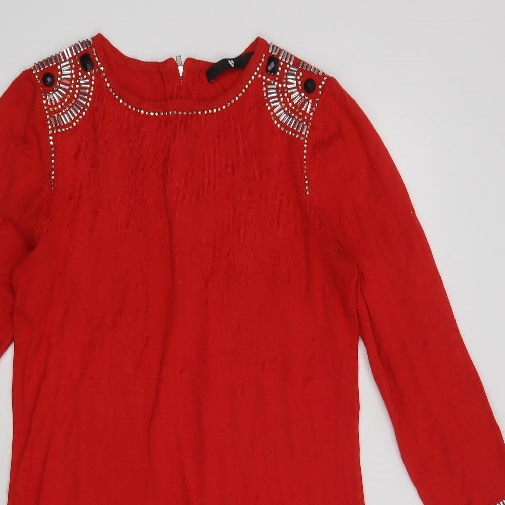 Very Womens Red  Viscose Jumper Dress  Size 10  Crew Neck Zip