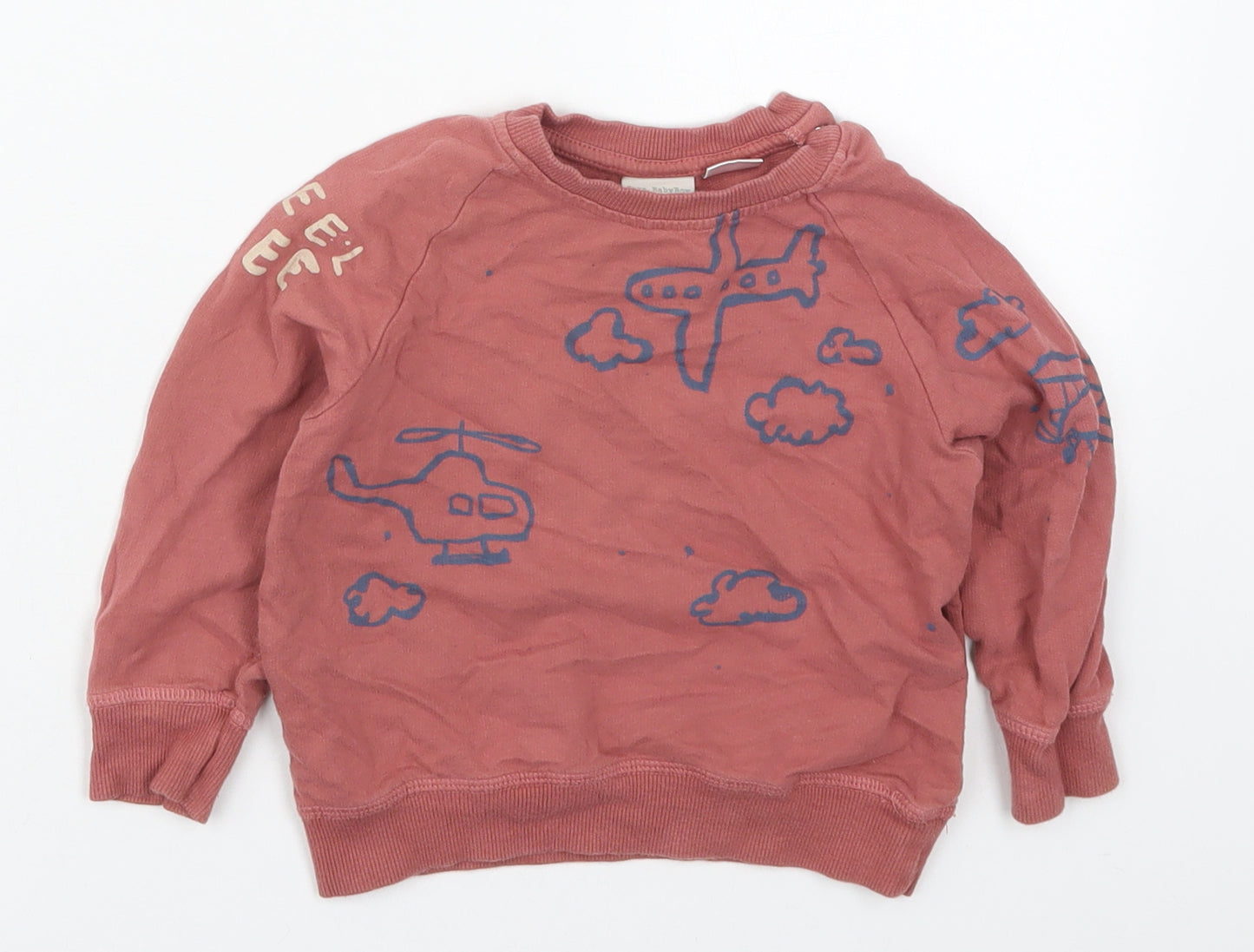 Zara Boys Red  Cotton Basic T-Shirt Size 12-18 Months Crew Neck Pullover - Plane Helicopter