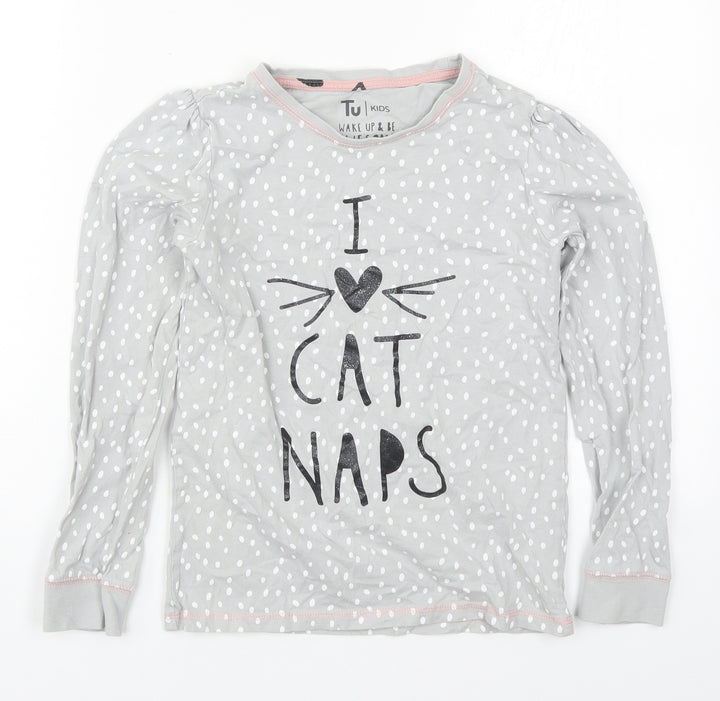 TU Girls Grey Polka Dot Cotton Top Pyjama Top Size 10-11 Years Pullover - I Love Cat Naps