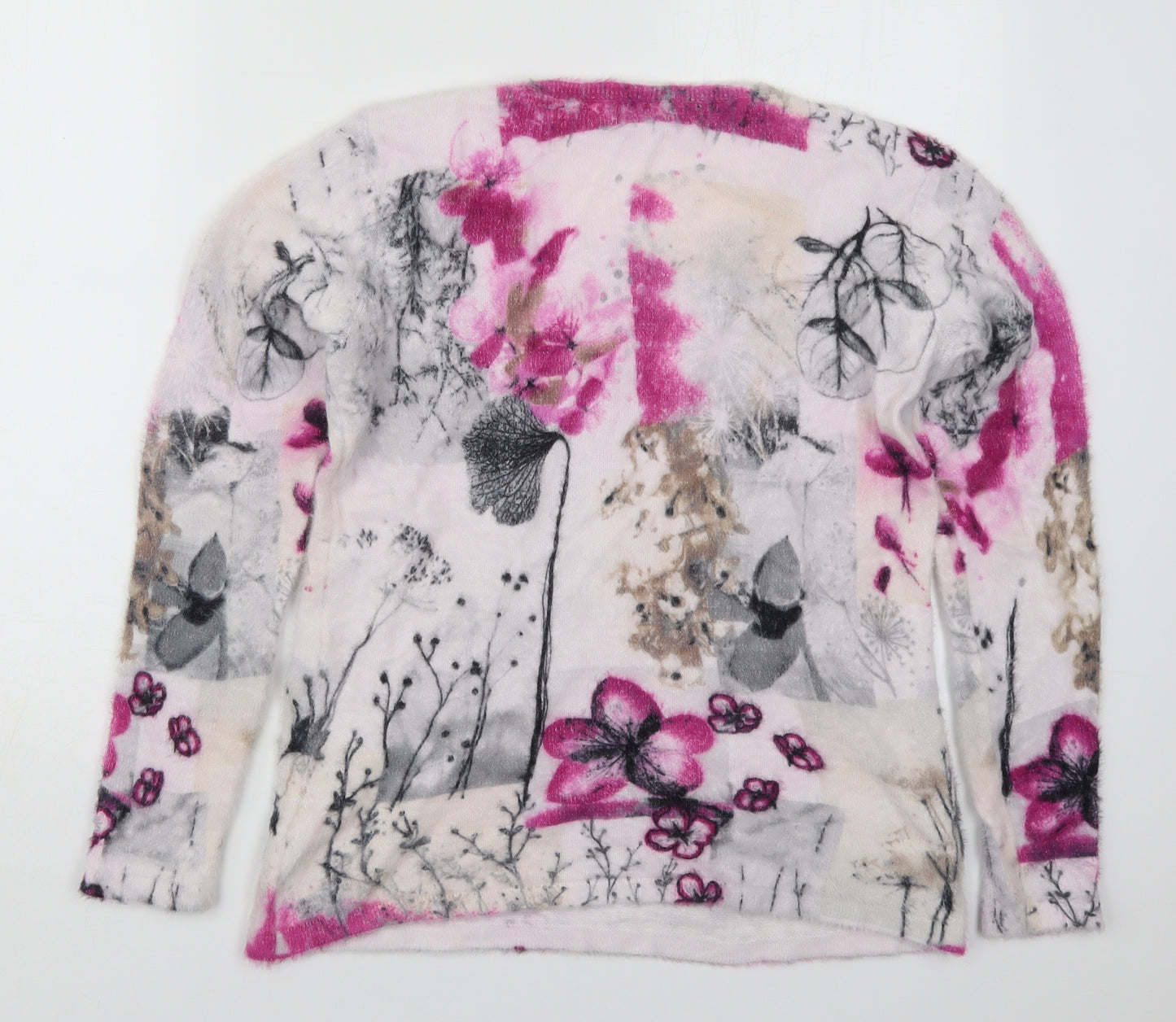 Mudflower Womens White Round Neck Floral Viscose Pullover Jumper Size S   - Pink