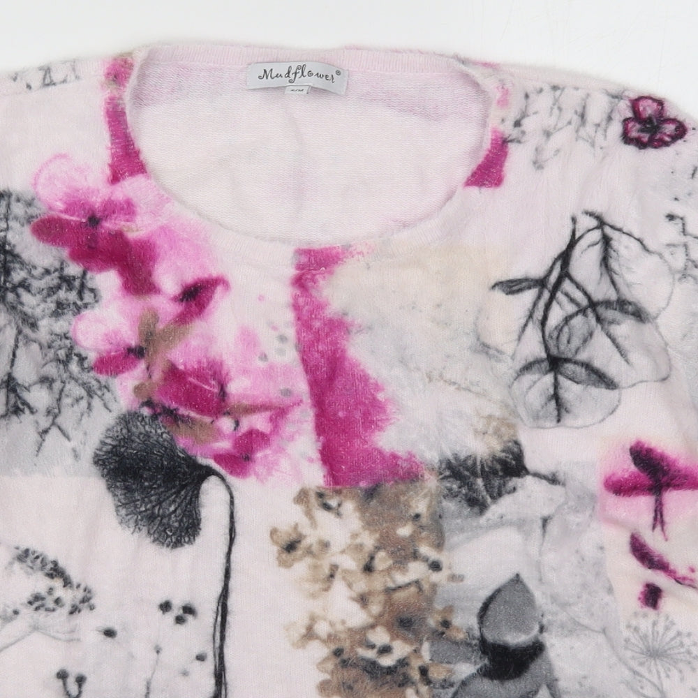 Mudflower Womens White Round Neck Floral Viscose Pullover Jumper Size S   - Pink