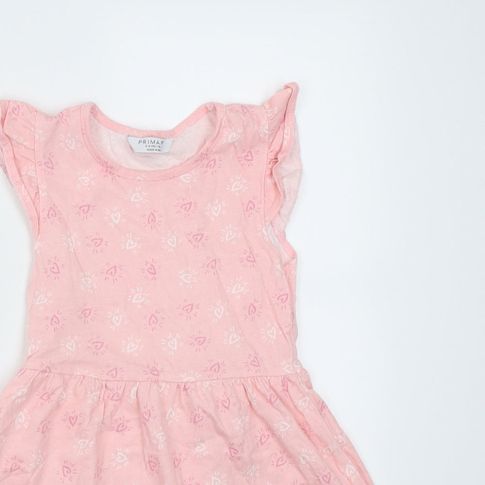 Primark Girls Pink Geometric Cotton A-Line  Size 5-6 Years  Crew Neck Pullover - Heart pattern
