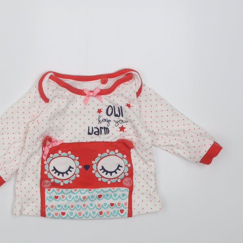 TU Girls White Polka Dot Cotton Basic Casual Size Newborn Crew Neck Pullover - owl keep you warm