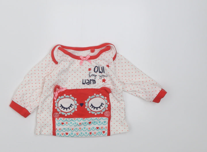 TU Girls White Polka Dot Cotton Basic Casual Size Newborn Crew Neck Pullover - owl keep you warm