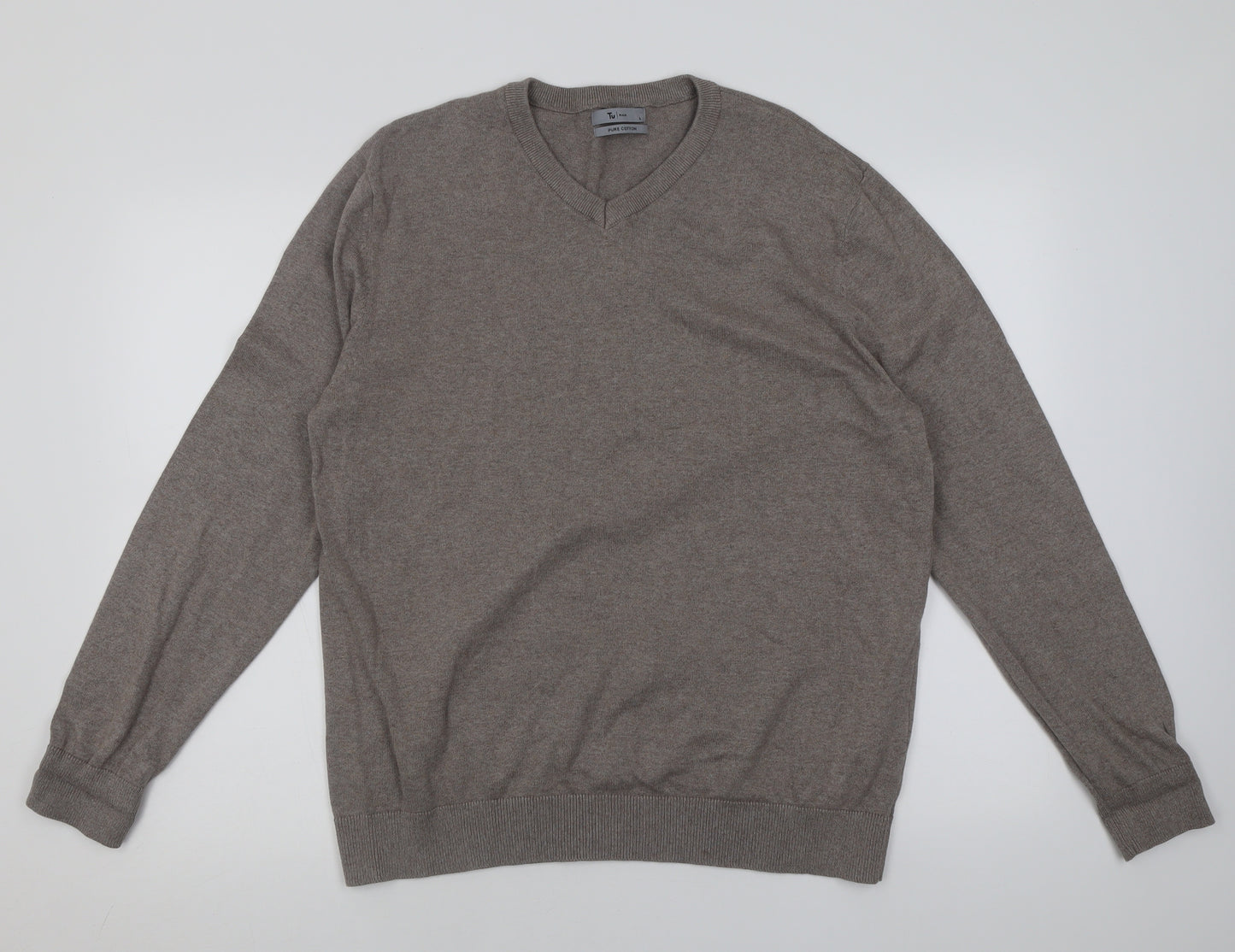 TU Mens Brown V-Neck  Cotton Pullover Jumper Size L